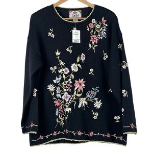 NWT Vintage Tiara International Y2K Black Sweater w/ Embroidered Flowers Sz XL